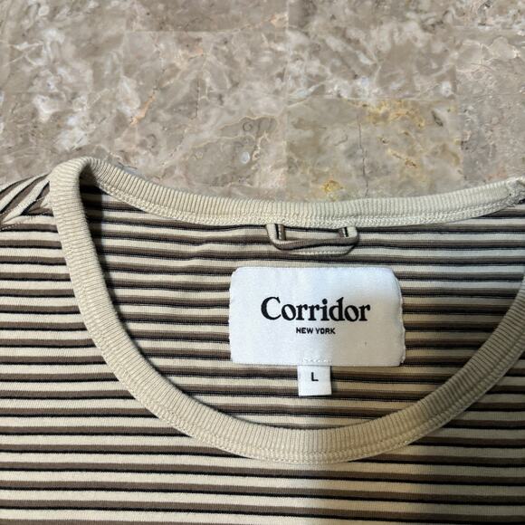 Corridor New York Shirt Mens Large Striped Tee Natural Pocket Crew Cotton - Picture 3 of 9